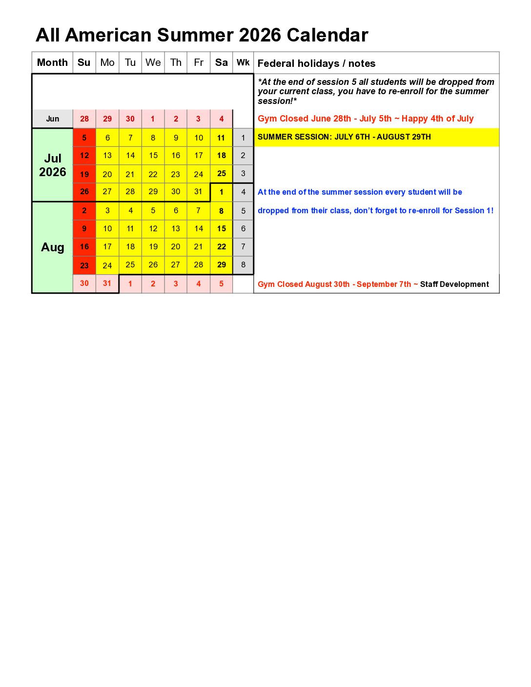 Summer 2026 Calander